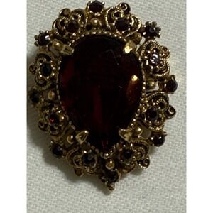 Vintage Florenza Signed Red Glass Faceted Stone Teardrop Shape Brooch Pin